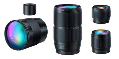 Various camera lenses arrangement on transparent png background