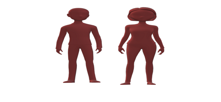 Stylized 3D rendering of a man and woman standing side by side in a neutral pose against a perfect for character design reference