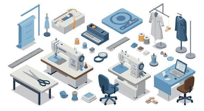 Seamstress workspace in isometric style featuring sewing equipment and tailoring tools