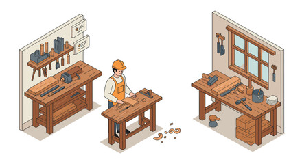 Isometric woodworking workshop with carpenter at workbench and tools