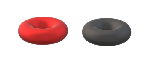 Two tori one red and one gray against a in a simple geometric arrangement