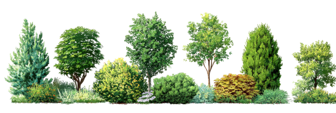 Lush green trees and shrubs in a landscape design