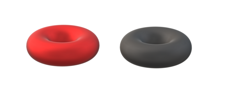 Two tori one red and one gray against a in a simple geometric arrangement