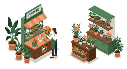 Isometric flower shop with florist arranging plants and flowers on display