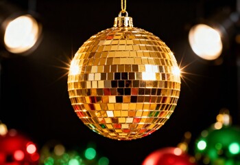 Festive gold disco ball ornament with colorful Christmas lights