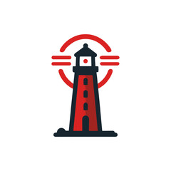 Vibrant lighthouse illustration with circular rays, symbolizing guidance and safety at sea