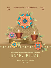 Diwali Poster Template with Diya lamps on podium and rangoli pattern. Paper colorful graphic of Indian Festival of Lights