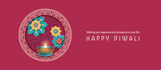 Diwali greeting card with paper flowers inside decorative frame. Festive banner concept for the Indian Festival of Lights
