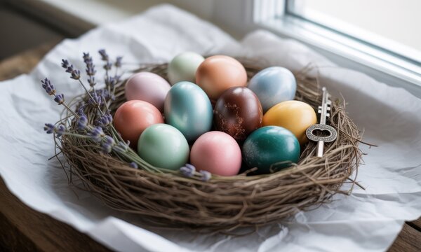 Colorful Easter eggs in a nest by a window