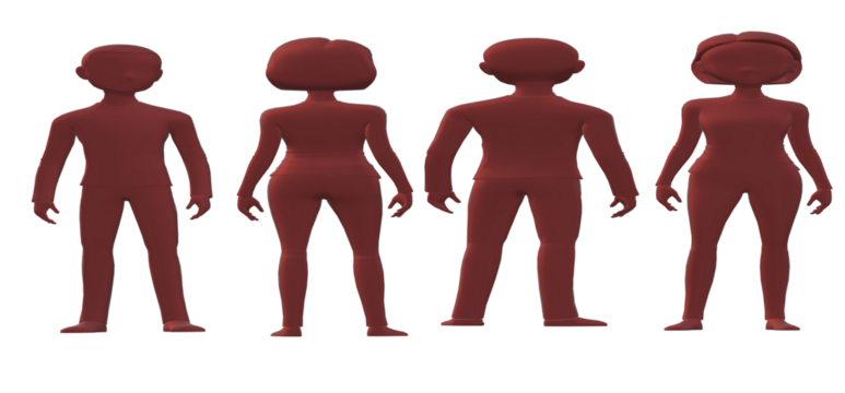 Four stylized figures stand in a row against a black backdrop showcasing character design and modeling techniques for animation and game development - Powered by Adobe