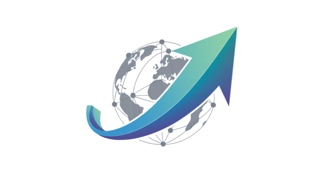 Global business growth concept with upward arrow and world map, representing international expansion and success