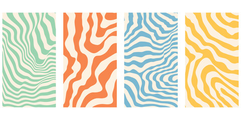 Four vertical panels featuring abstract wavy line patterns in different vibrant color palettes isolated on transparent background