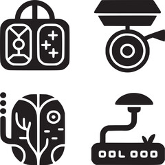 A collection of four distinct black and white icons arranged on a white background in a grid pattern