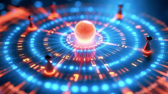 Glowing orb at center of a digital circuit with pawns, binary code, and neon lights