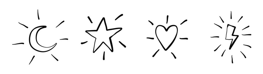 hand drawing icon star love, heart, crescent moon, lighting, thunder with sunburst doodle hand drawing