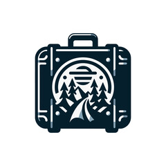 Vintage suitcase design featuring a scenic landscape with mountains and a winding road