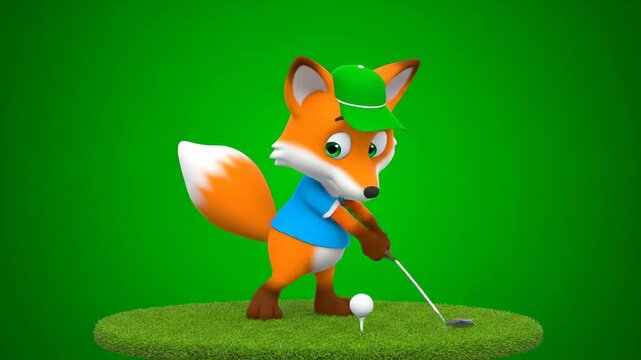 Cartoon Fox Teeing Off on Green - A cheerful cartoon fox is shown teeing off a golf ball on a green background. The fox is wearing a cap and shirt, and is standing on a patch of grass.