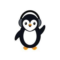 Obraz premium Cute Cartoon Penguin Character Wearing Headphones and Waving.