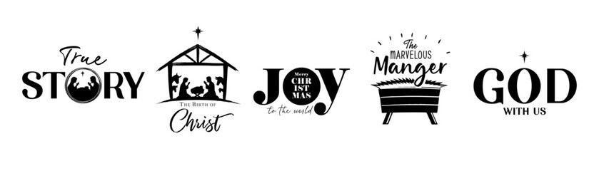 Christmas nativity creative typography icons set with Holy Family. True Story, The Birth of Christ, JOY to the world, The Marvelous Manger, GOD with us - concepts for church banner design. Vector card