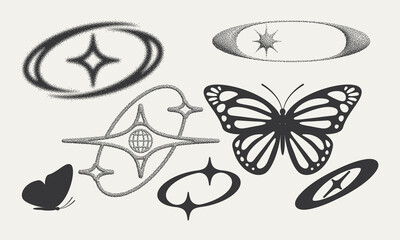 Monochrome designs with butterfly imagery and stellar elements