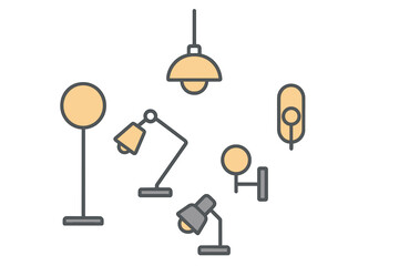 Modern interior lighting fixtures collection including desk, floor, and ceiling lamps