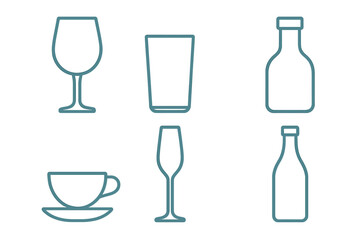 Minimalist outline icons set featuring various types of drinkware and beverage containers including glasses and bottles