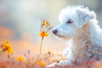 A butterfly is sitting on the nose of a white dog, representing the concept of peace and friendship, as well as the unity of nature.