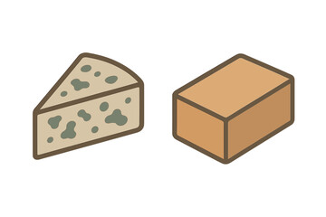 Stylized isometric view of a wedge of blue cheese next to a rectangular block of yellow cheese