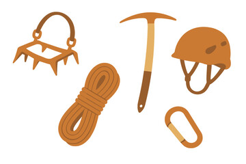 Essential mountaineering and climbing equipment set including ice axe, safety helmet, rope, and crampons