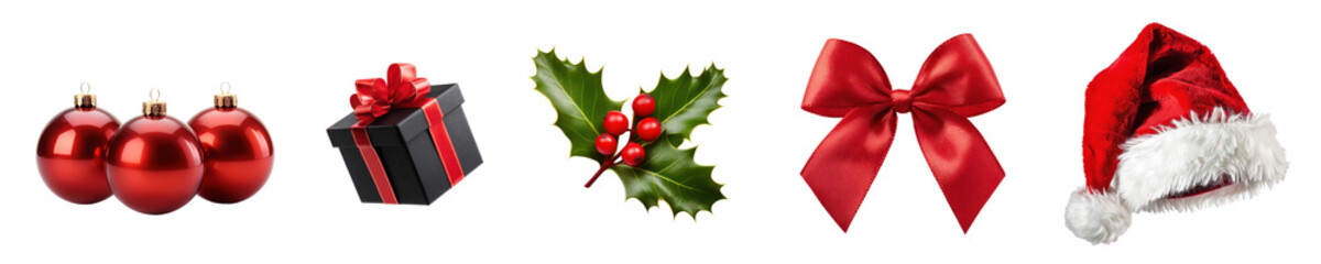 set of christmas decorations: red christmas balls, black gift box, holly leaves and berries, ribbon bow and santa claus hat isolated on white or transparent png