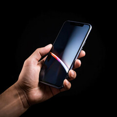 close-up of a hand holding a phone on a black background