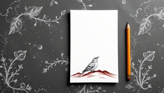 A hand drawn sketch of a bird perched on a branch against a starry sky background. Below the drawing is a lined notebook with a similar illustration of a bird on its cover