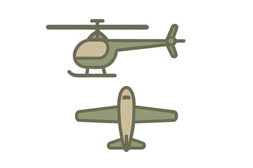 Stylized icons of military air transport vehicles: helicopter and fixed-wing aircraft