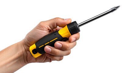 Detailed Close-Up of a Human Hand Firmly Holding a Yellow and Black Screwdriver Tool for Precision Mechanical Work Isolated on Transparent Background