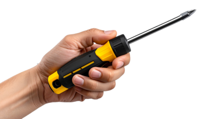 Detailed Close-Up of a Human Hand Firmly Holding a Yellow and Black Screwdriver Tool for Precision Mechanical Work Isolated on Transparent Background