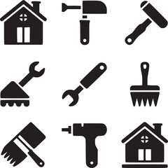 A collection of construction and home repair icons in a grid pattern showing tools and a house image
