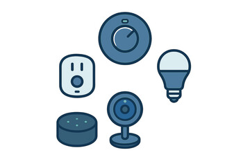 Modern smart home technology devices set including security camera and voice assistant