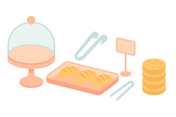 Isometric bakery display setup with fresh bread, cookies, serving tongs, and blank sign