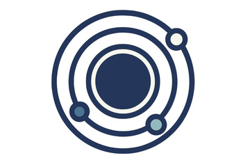 Minimalist central hub with orbiting elements and technological connections