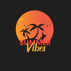 “Tropical Sunset Beach with Surfer and Palm Trees – Summer Vibes Design”