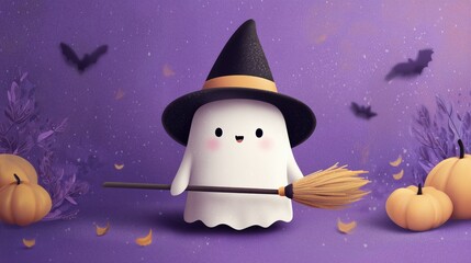 cute cartoon ghost with witch hat and broom on purple halloween background