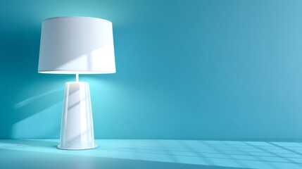 Lamp sits on table with blue background fixture rests on surface blue background provides contrast
