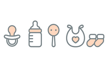 Set of essential newborn baby accessories including pacifier, bottle, rattle, and bib