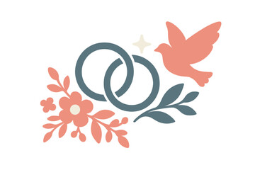 Minimalist interlocking wedding rings with decorative flowers and flying dove