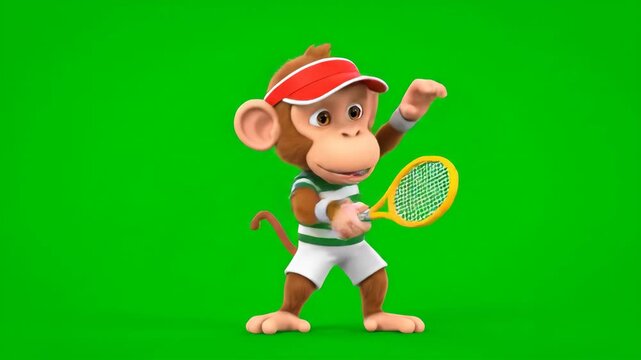 Cartoon Monkey Playing Tennis on Green Screen - A cartoon monkey is shown playing tennis with a yellow racket, wearing a tennis outfit, and a red cap on a green chroma key background.