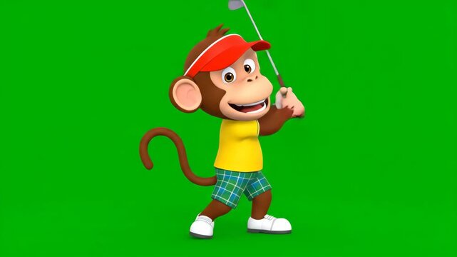 Cartoon Monkey Golfer on Green Screen - A cartoon monkey, dressed in golfing attire, prepares to swing his golf club. The video features a vibrant green chroma key background, perfect for compositing.