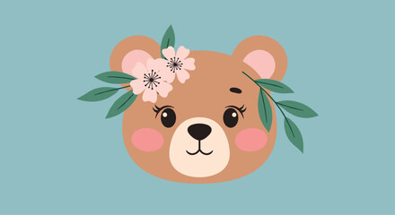 A cute brown bear wearing a flower crown surrounded by green leaves.