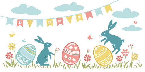 Horizontal banner featuring layered paper-cut clouds, bunnies, Easter eggs, and a bright spring isolated background. 