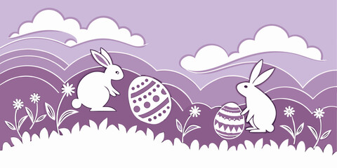 Horizontal banner featuring layered paper-cut clouds, bunnies, Easter eggs, and a bright spring purple  background. 