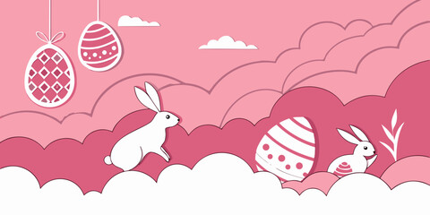 Horizontal banner featuring layered paper-cut clouds, bunnies, Easter eggs, and a bright spring dark pink background. 